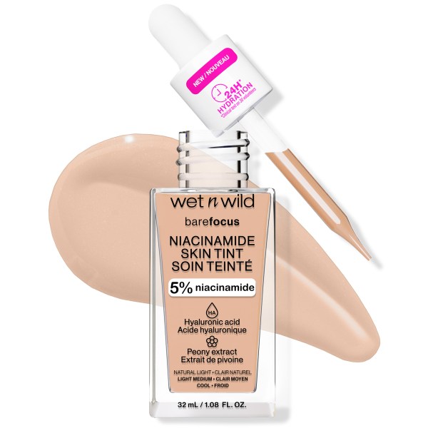 This luxurious, sheer-to-medium, buildable Skin Tint with 5% Niacinamide, Hyaluronic Acid, and Peony Extract delivers smoothing, natural perfection. Blurs imperfections, finishes with a soft satin glow, and perfects while concealing redness and blemishes so naturally, it will look almost undetectable. A clean, skin-loving serum foundation. Sheer-to-Medium, Buildable Coverage: Natural and buildable to the coverage you need. Soft Satin Glow: Enjoy a gorgeous healthy-looking glow that enhances your natural radiance without looking oily. Luxurious Ingredients: This skin tint foundation is infused with 5% niacinamide, hyaluronic acid, peony extract, and vitamin E. Lightweight Foundation: Achieve a flawless finish without the extra weight. With this lightweight skin tint, it’ll feel like you’re wearing nothing at all. Cruelty-Free: wet n wild makeup products are never tested on animals and are always cruelty-free.